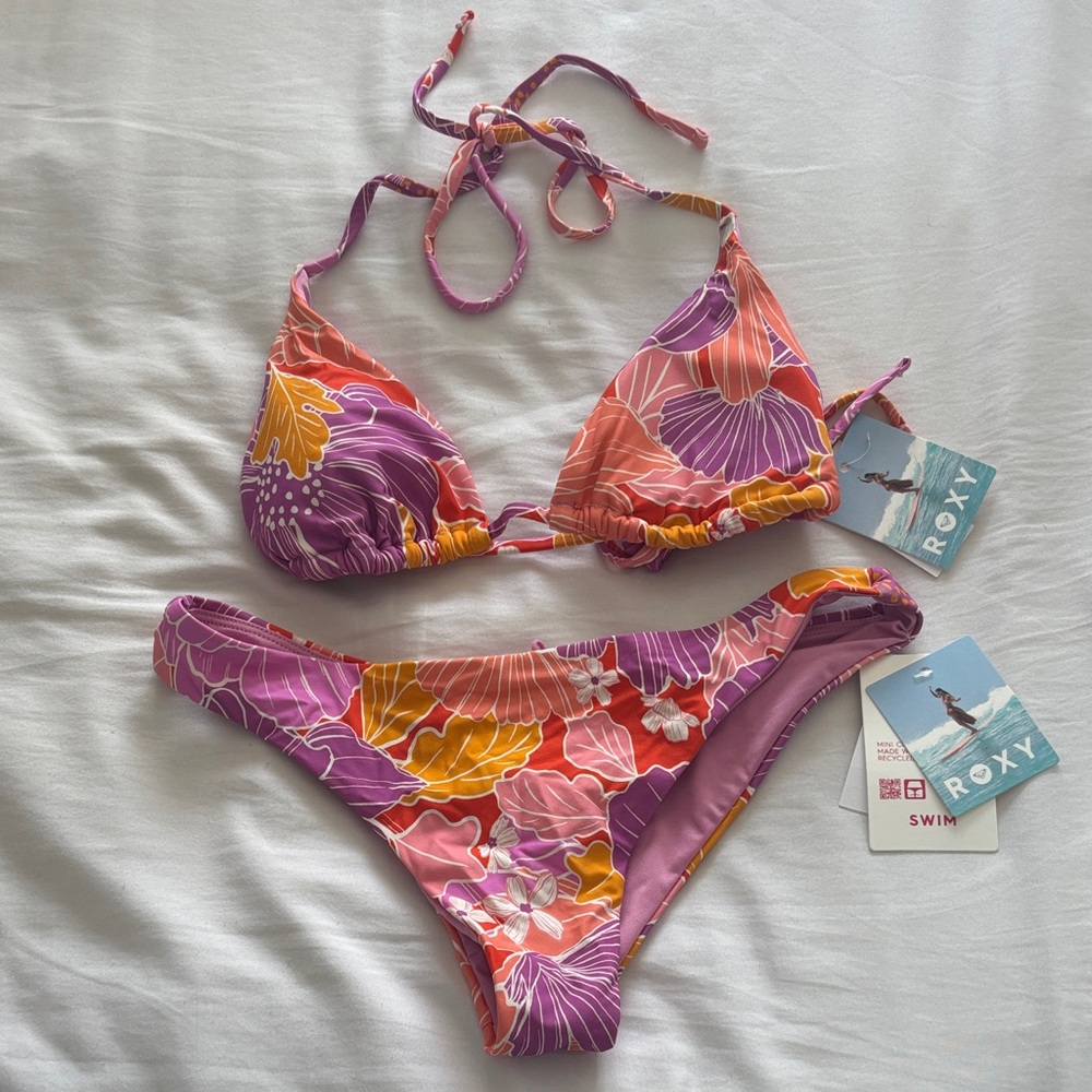 Roxy Floral Tie-Halter Bikini in Pink, Purple & Orange